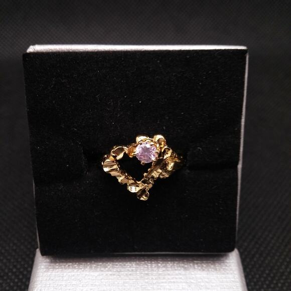 Vintage Open Heart Ring Pink Faceted CZ Stone Gold Nugget Ring Rare Art Nouveau - Picture 15 of 16